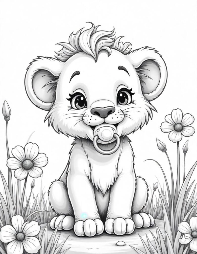 Baby lion with a pacifier coloring page – adorable cartoon lion cub drawing for toddlers and young children.