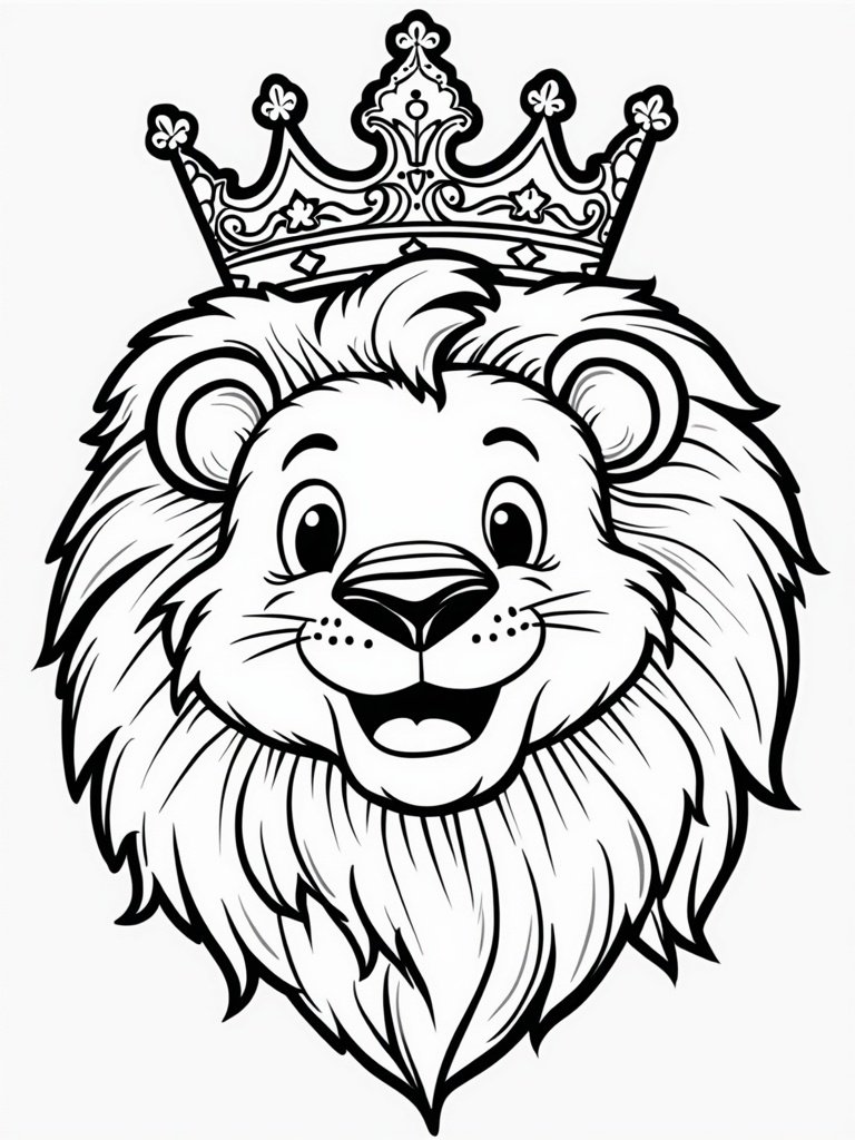 Lion wearing a royal crown coloring page for kids – majestic lion king drawing with a smile, perfect for children’s activities.