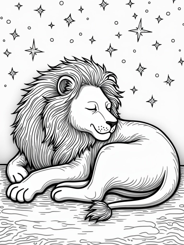 Sleeping lion under a starry sky coloring page – peaceful lion resting, ideal for kids’ bedtime-themed art projects