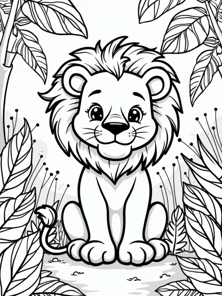 Lion sitting in the jungle coloring page – simple jungle scene with trees and leaves, fun for kids’ nature-themed activities.