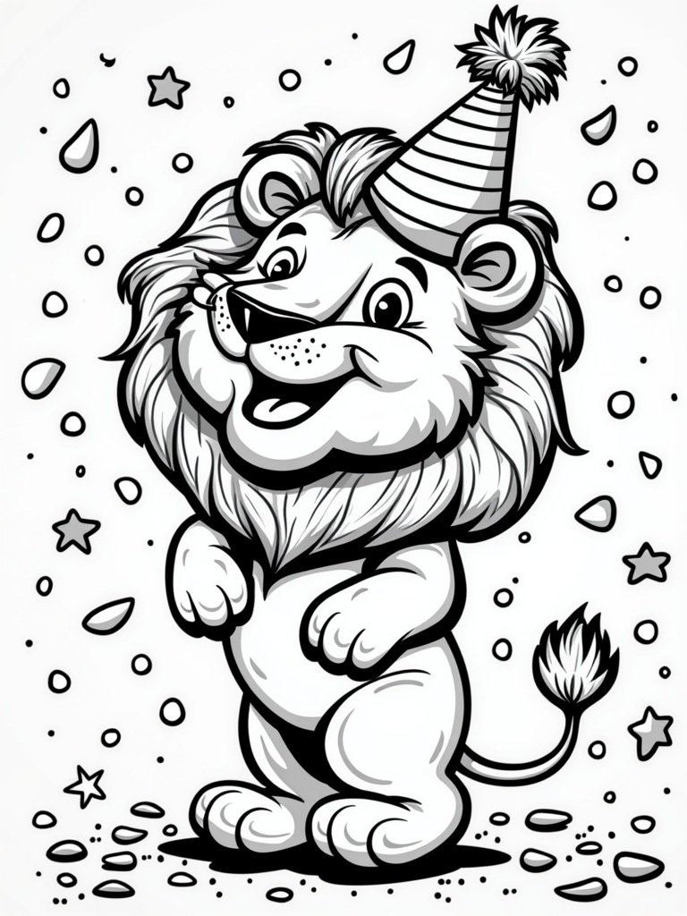 Lion wearing a party hat coloring page – festive lion celebrating with confetti, perfect for kids’ birthday-themed crafts.