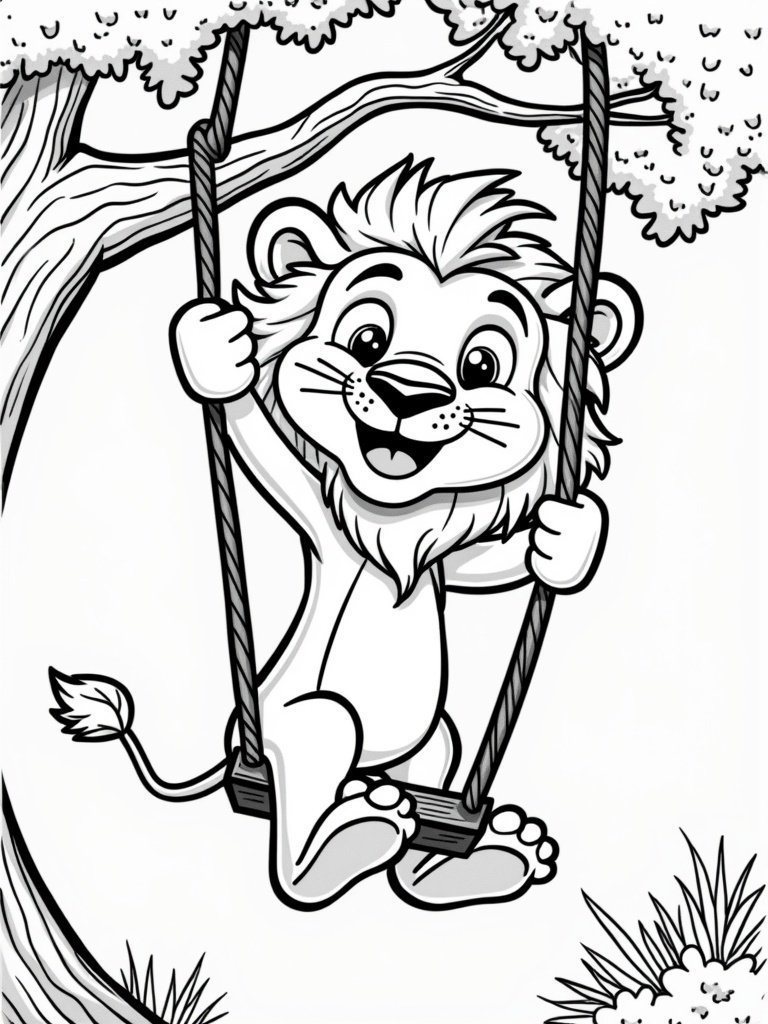 Lion swinging from a tree branch coloring page – playful lion on a swing, great for kids’ outdoor fun-themed art.