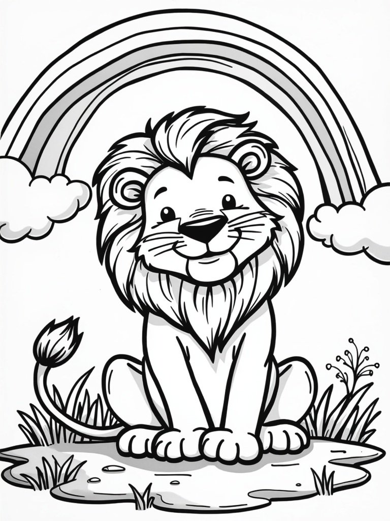 Lion sitting under a rainbow coloring page – cheerful lion with a colorful rainbow, great for kids’ weather and animal art.