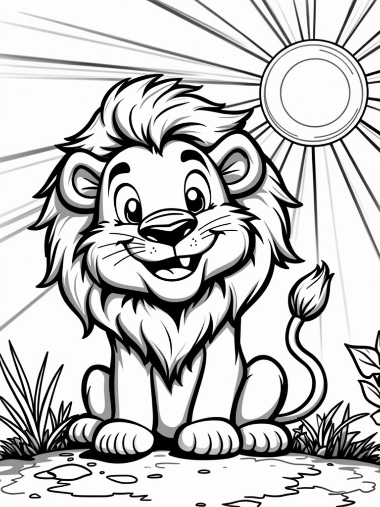 Lion sitting under the sun coloring page – smiling lion with a shining sun, great for kids’ sunny day-themed activities.