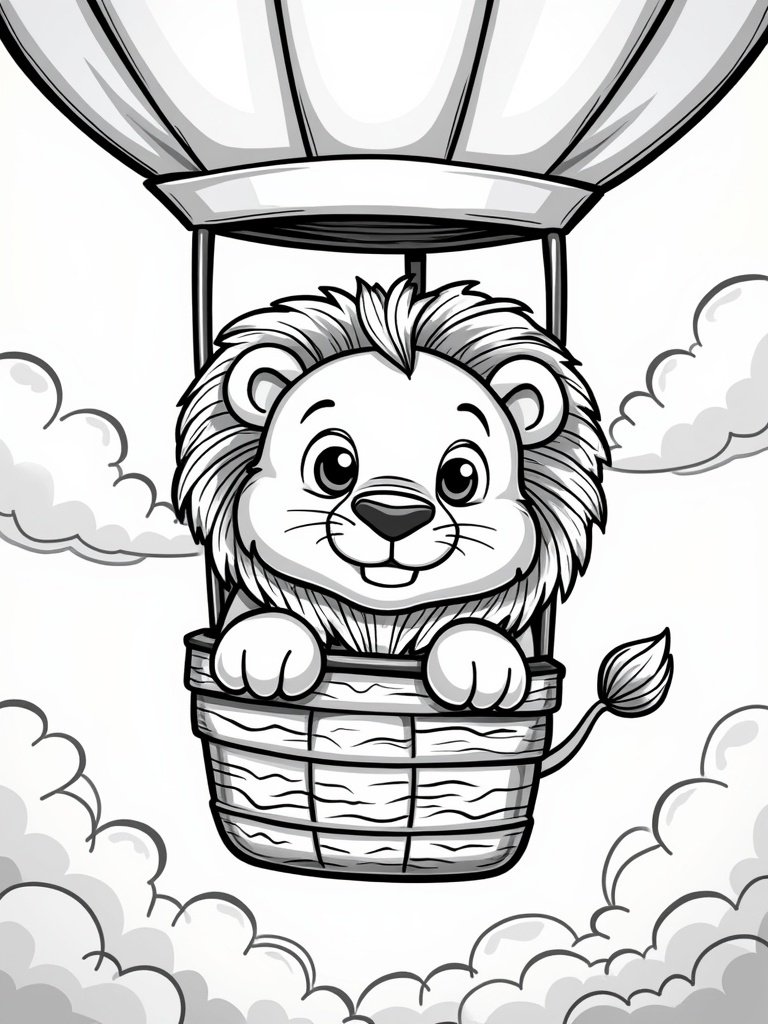 Lion in a hot air balloon coloring page – adventurous lion peeking out of a balloon basket, fun for kids’ travel-themed art.