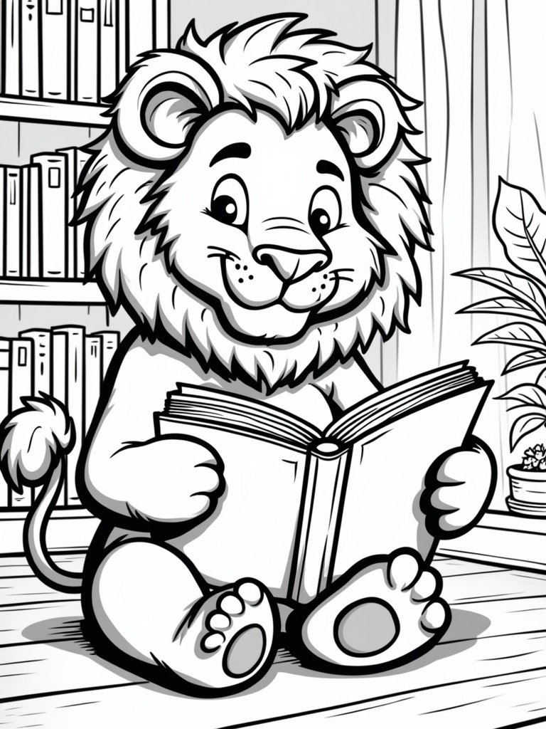 Lion reading a book coloring page – studious lion drawing, perfect for kids’ education and reading-themed crafts.