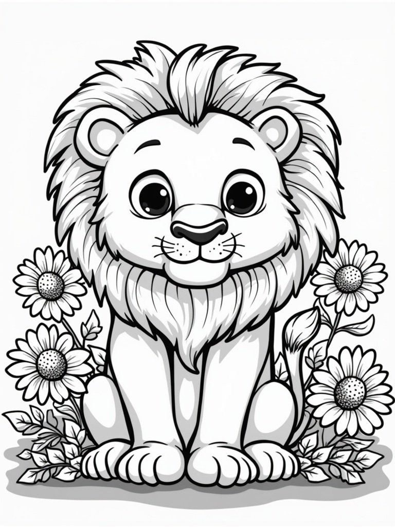 Lion surrounded by flowers coloring page – simple daisy and lion drawing, ideal for kids’ spring and nature-themed activities.