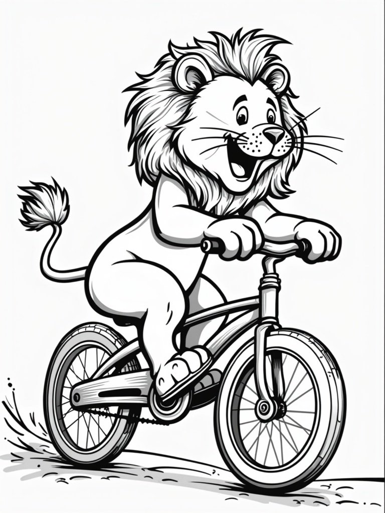 Lion riding a bicycle coloring page – playful lion pedaling a bike, great for kids’ outdoor activity-themed art.
