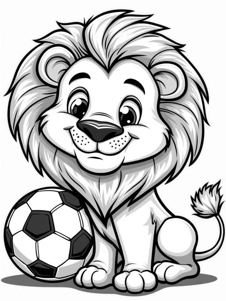 Lion sitting next to a soccer ball coloring page – sports-themed lion drawing for kids who love soccer.