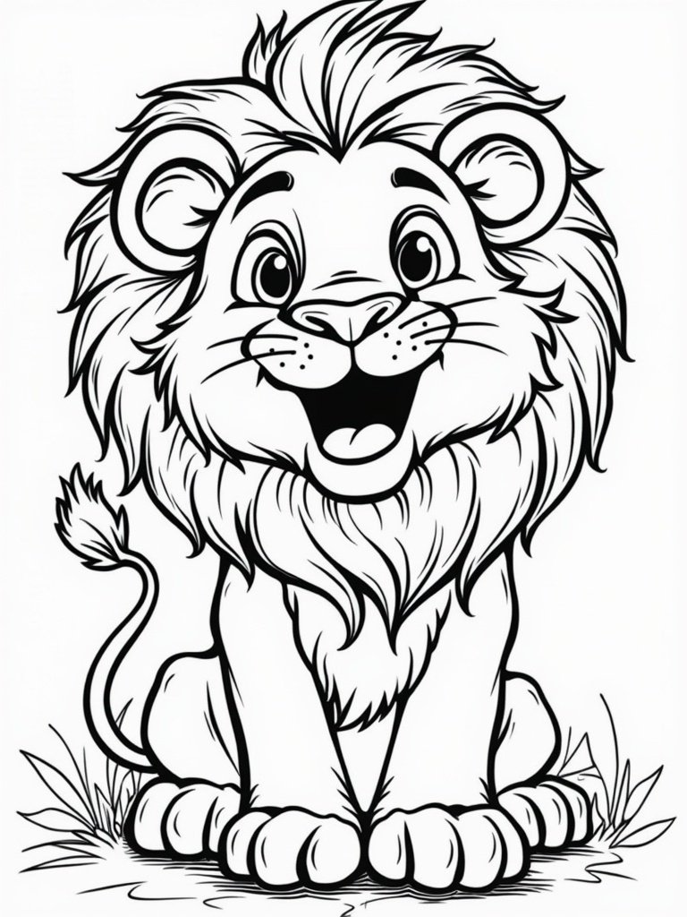 Happy roaring lion coloring page – friendly lion with an open mouth, perfect for kids’ animal-themed activities.