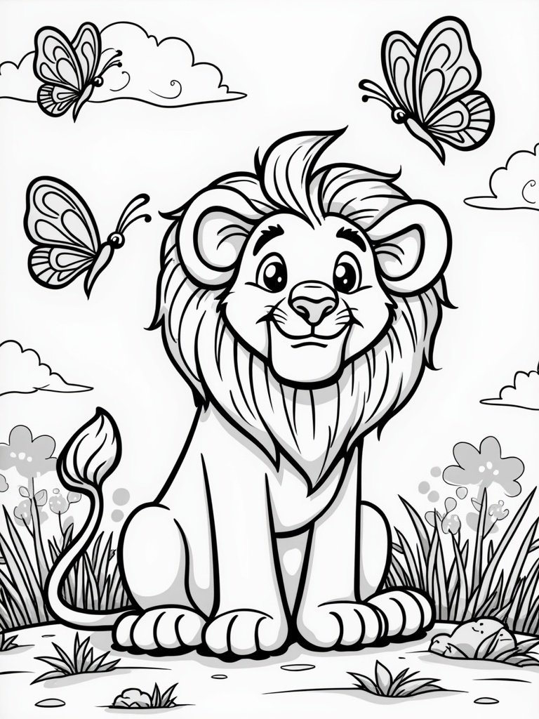 Lion surrounded by butterflies coloring page – cheerful lion with fluttering butterflies, ideal for kids’ nature and animal art.