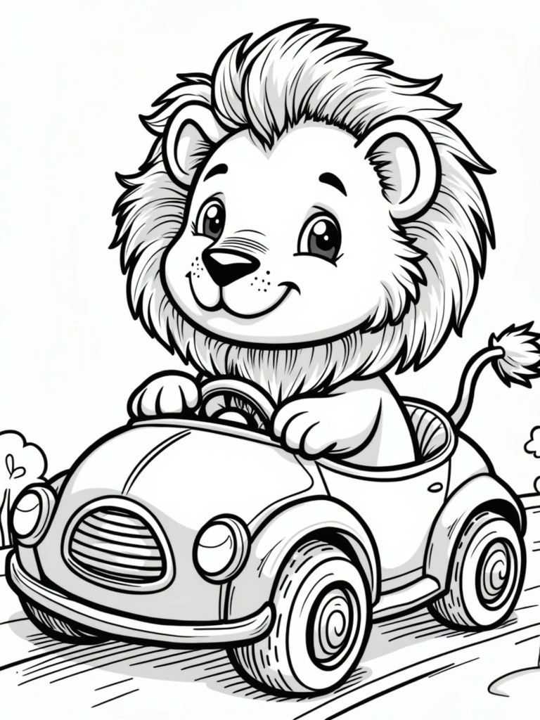 Lion driving a car coloring page – cartoonish lion in a small car, great for kids’ transportation and animal-themed art.